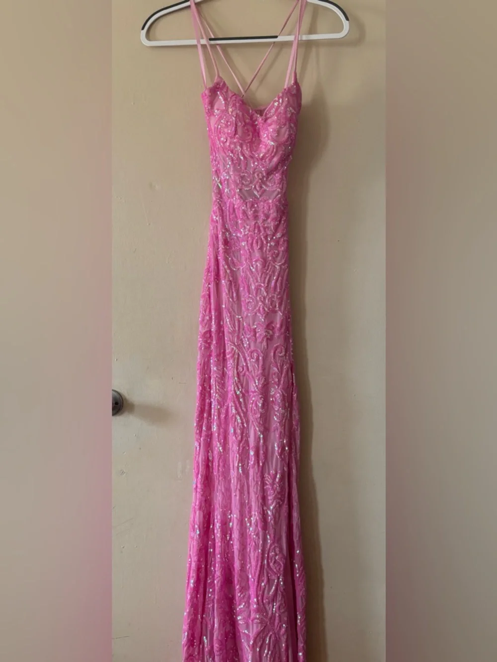 Windsor Pink Sequin Spaghetti-Strap Prom Gown with Thigh Slit - Picture 3 of 12